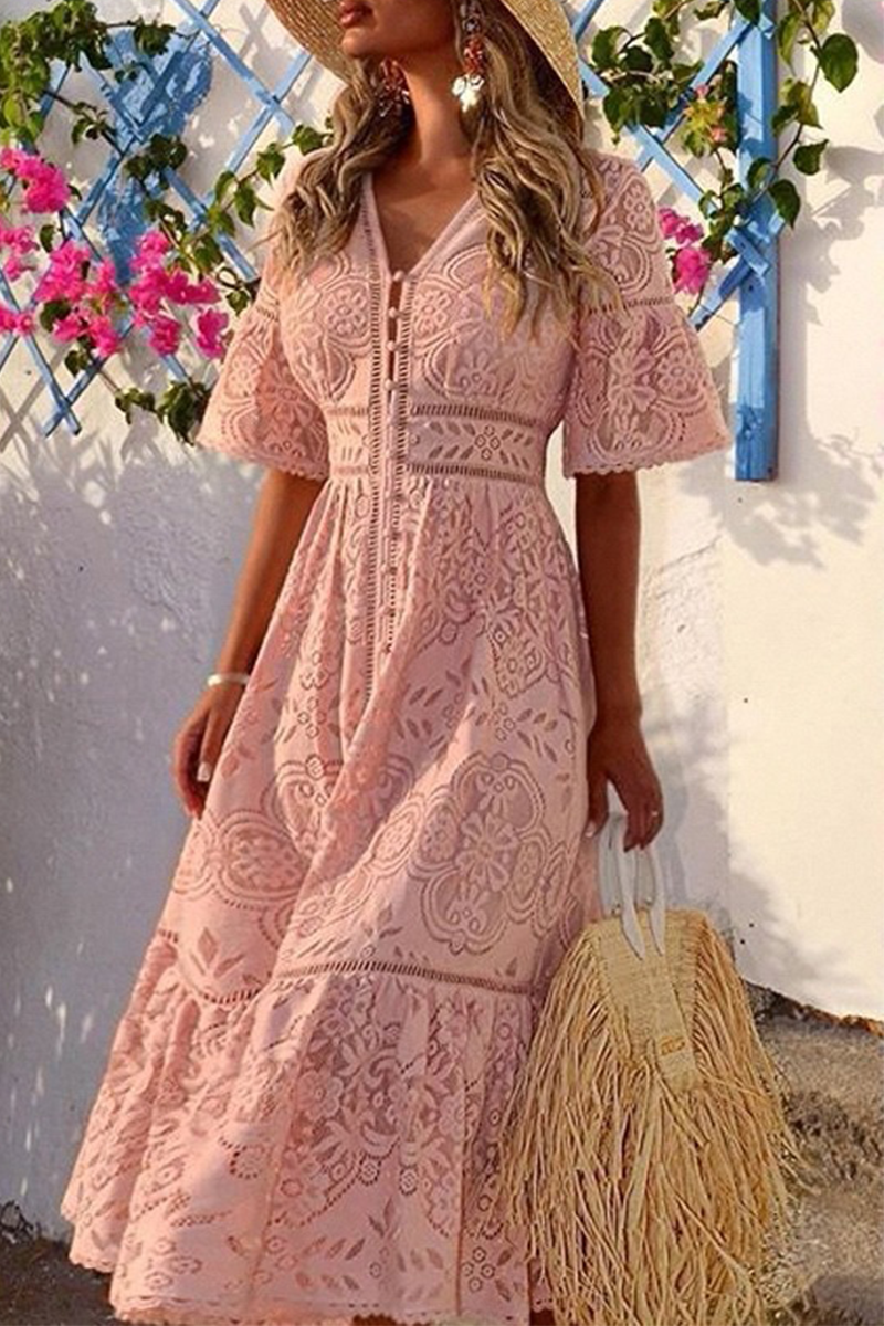 Kaynafashions - Casual Solid Lace V Neck Lace Dress Dresses(3 Colors)