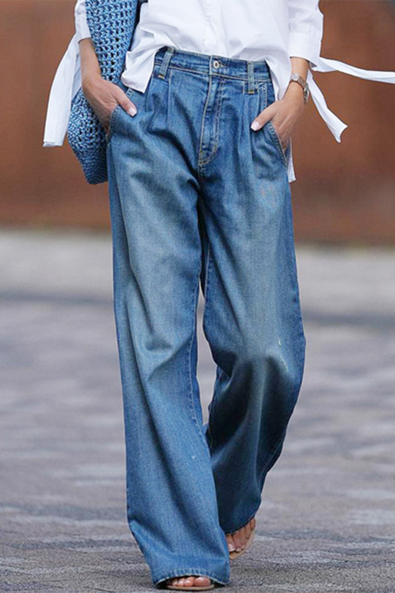 Kaynafashions - Casual Street Solid Pocket High Waist Loose Denim Jeans
