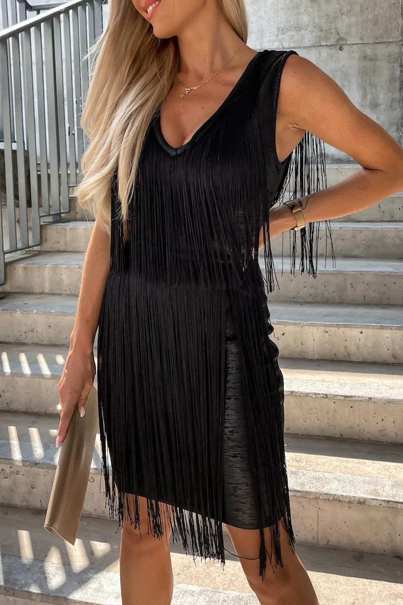 Kaynafashions - Sexy Party Solid Tassel V Neck Wrapped Skirt Dresses(3 Colors)