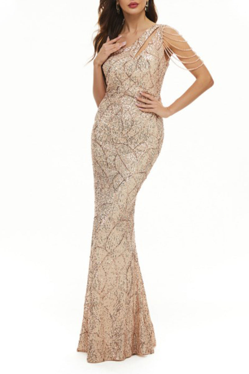 Kaynafashions - Celebrities Elegant Solid Sequins Oblique Collar Evening Dress Dresses(6 Colors)