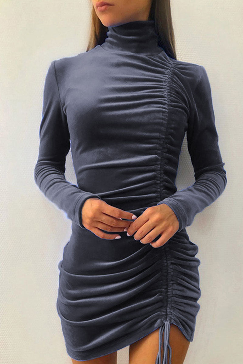 Kaynafashions - Sexy Elegant Solid Draw String Half A Turtleneck Wrapped Skirt Dresses(8 colors)