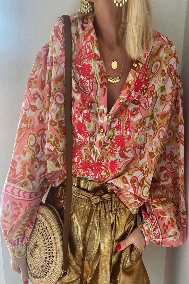 Kaynafashions - Elegant Floral Buckle Buttons V Neck Blouses