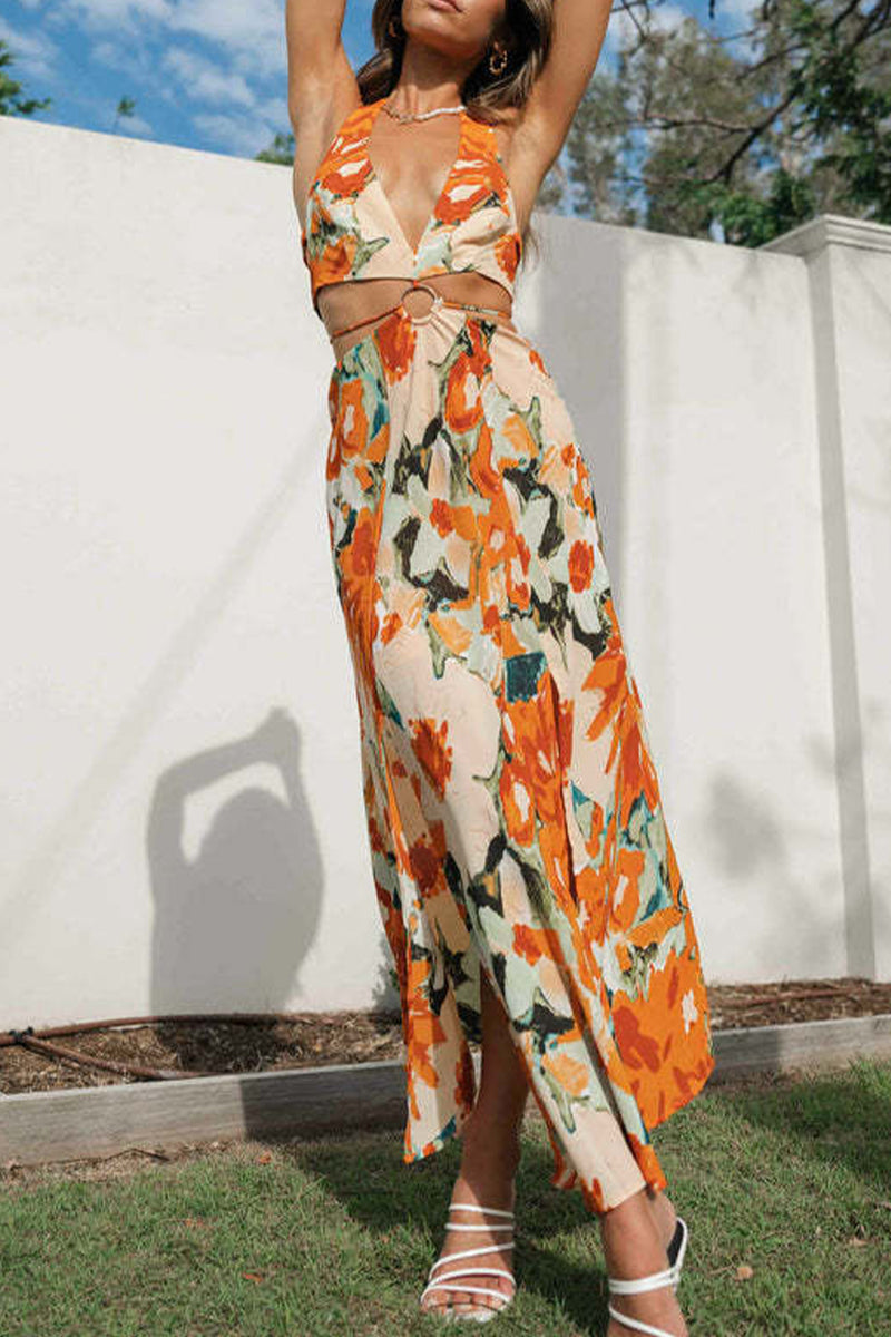 Kaynafashions - Sexy Floral Backless V Neck Printed Dress Dresses