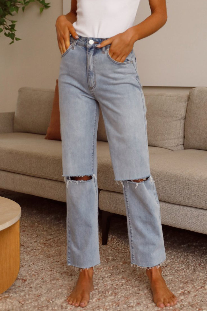 Kaynafashions - Casual Street Solid Ripped High Waist Regular Denim Jeans