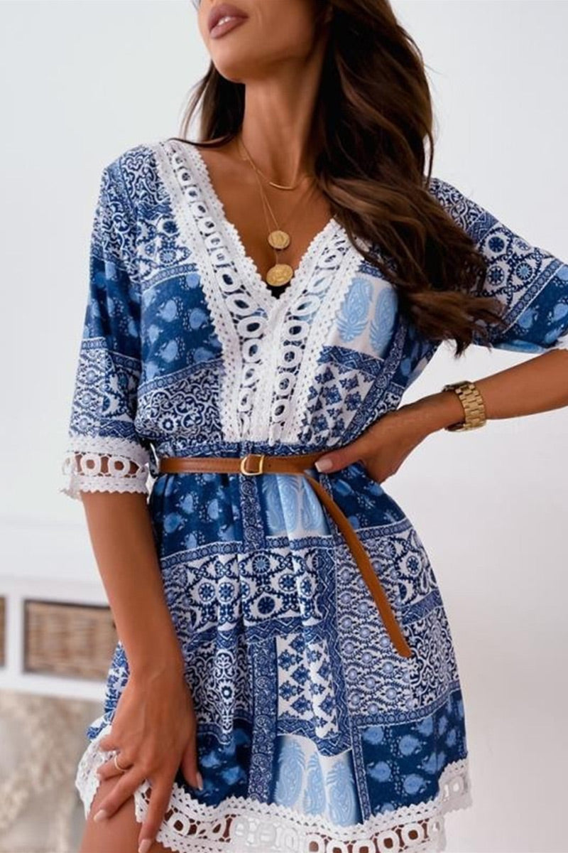 Kaynafashions - Fashion Sweet Print Patchwork V Neck A Line Dresses
