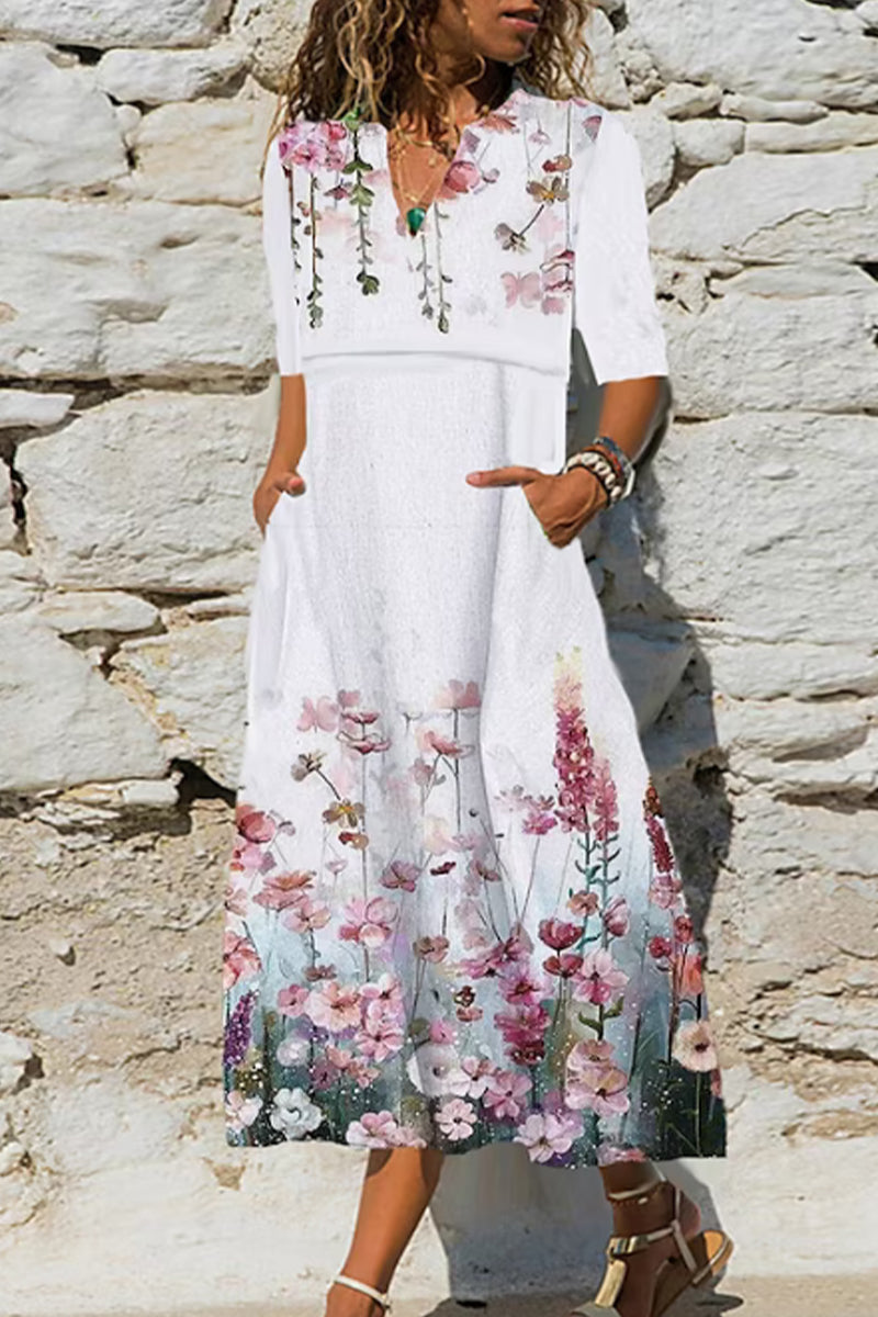 Kaynafashions - Casual Print Pocket V Neck A Line Dresses