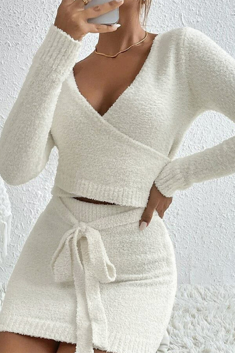 Kaynafashions - Casual Street Solid Strap Design V Neck Long Sleeve Two Pieces