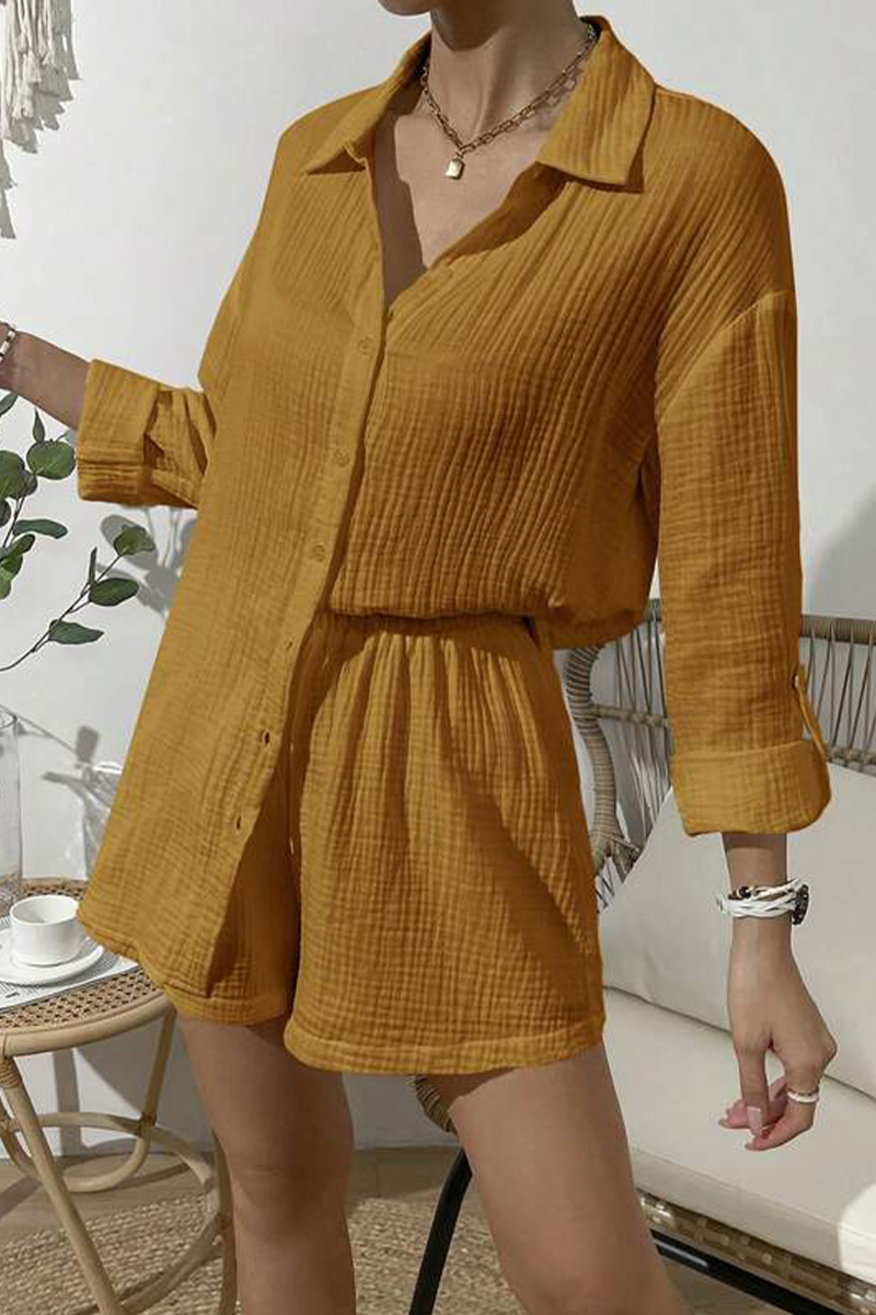 Kaynafashions - Casual Simplicity Solid Fold Turndown Collar Long Sleeve Two Pieces