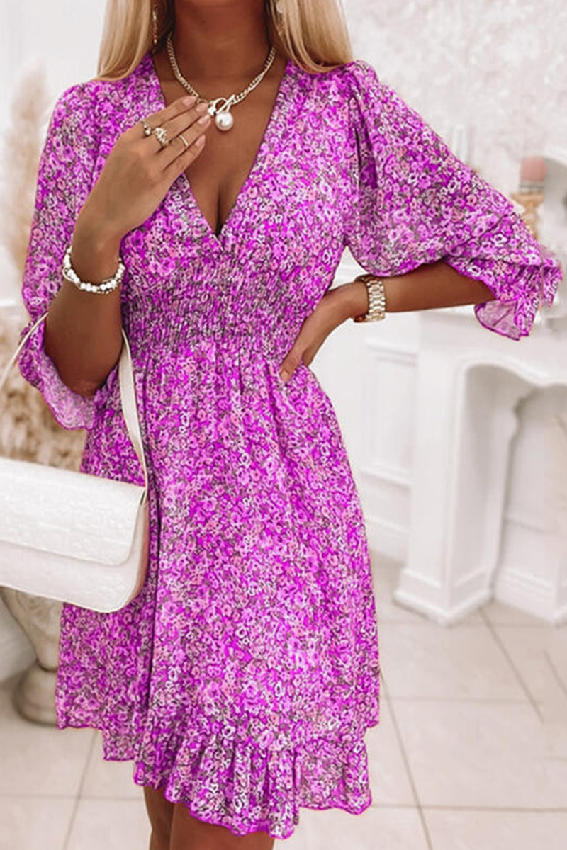 Kaynafashions - Casual Print Patchwork V Neck Waist Skirt Dresses(6 colors)