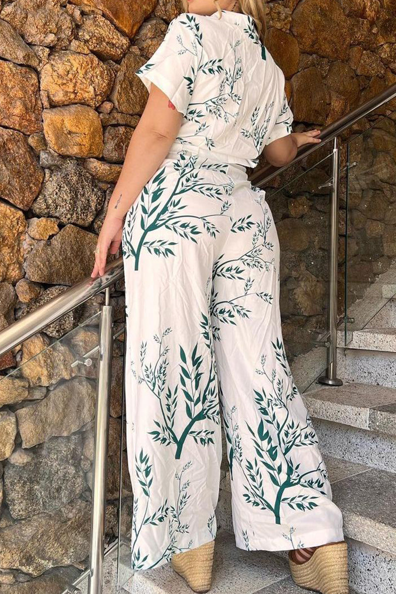 Kaynafashions - Casual Floral Frenulum Turndown Collar Short Sleeve Two Pieces