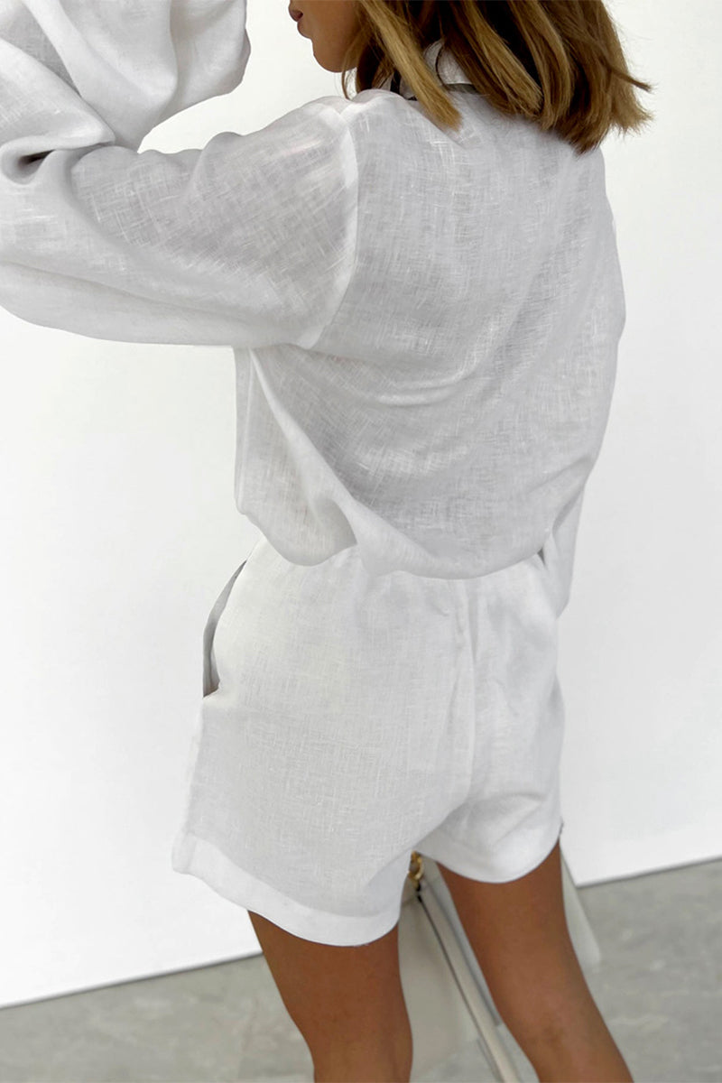 Kaynafashions - Daily Simplicity Solid Pocket Contrast Turndown Collar Long Sleeve Two Pieces