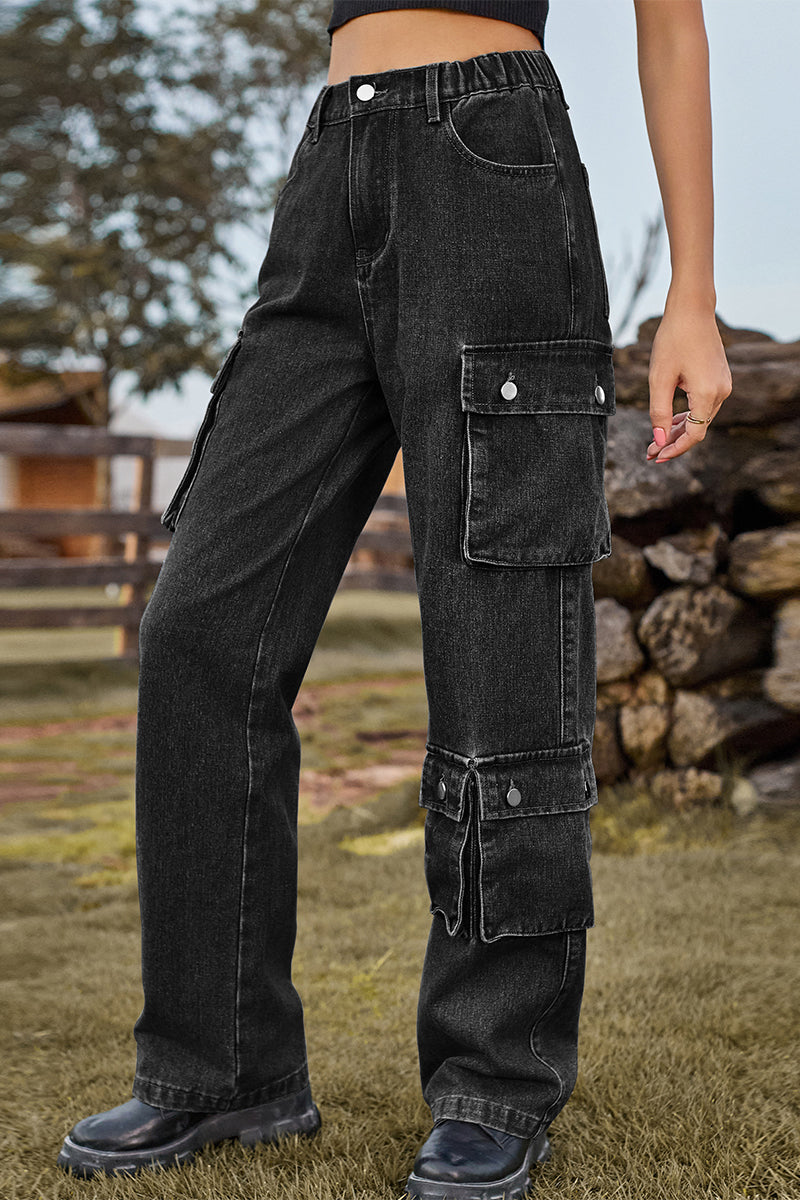 Kaynafashions - Street Solid Pocket Mid Waist Loose Denim Jeans