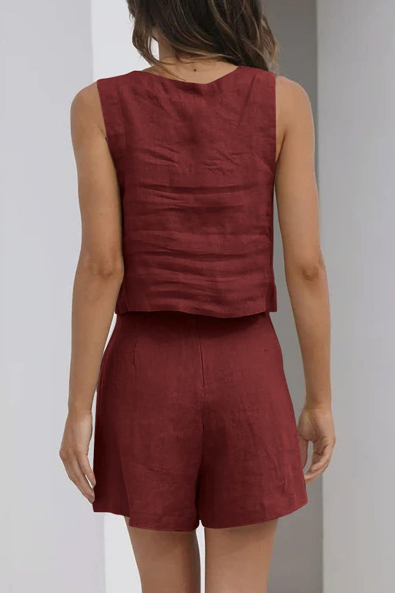 Kaynafashions - Casual Simplicity Solid Pocket Square Collar Sleeveless Two Pieces(16 Colors)