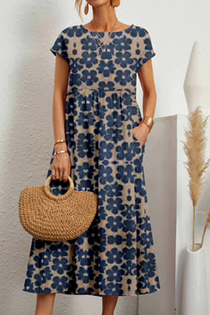 Kaynafashions - Casual Floral Pocket O Neck Printed Dress Dresses(9 Colors)