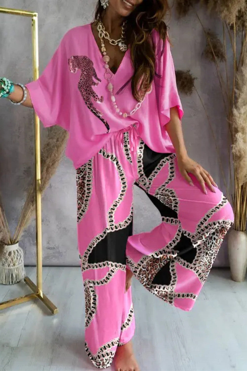 Kaynafashions - Casual Print Patchwork V Neck Half Sleeve Two Pieces(9 Colors)