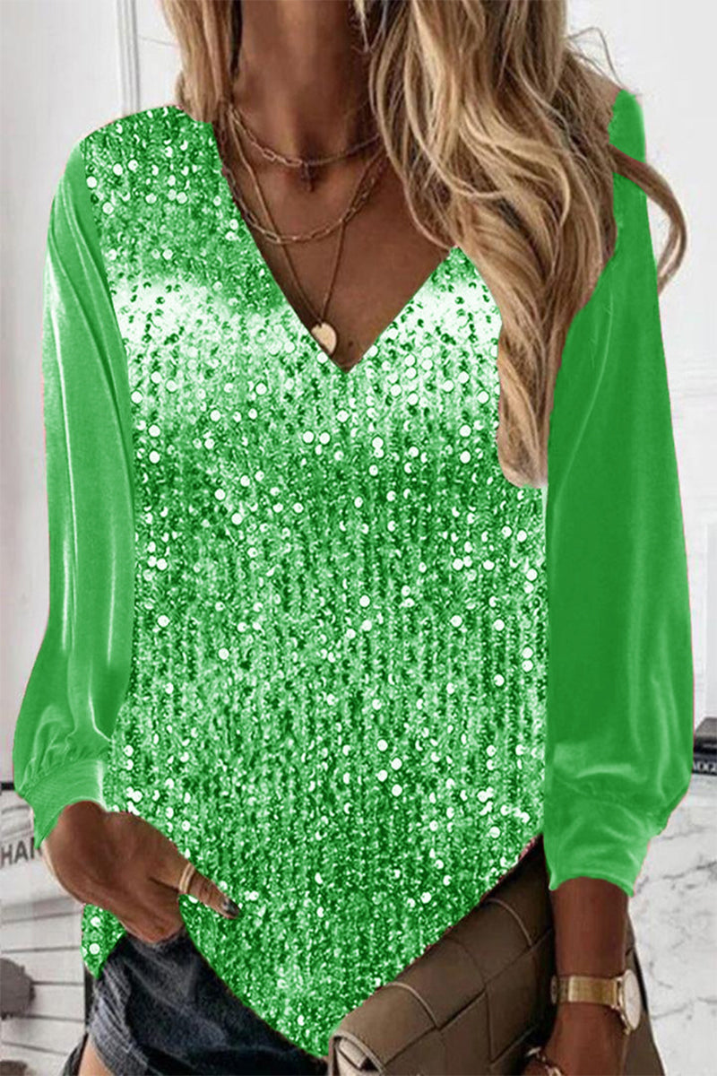 Kaynafashions - Casual Solid Sequins V Neck Tops