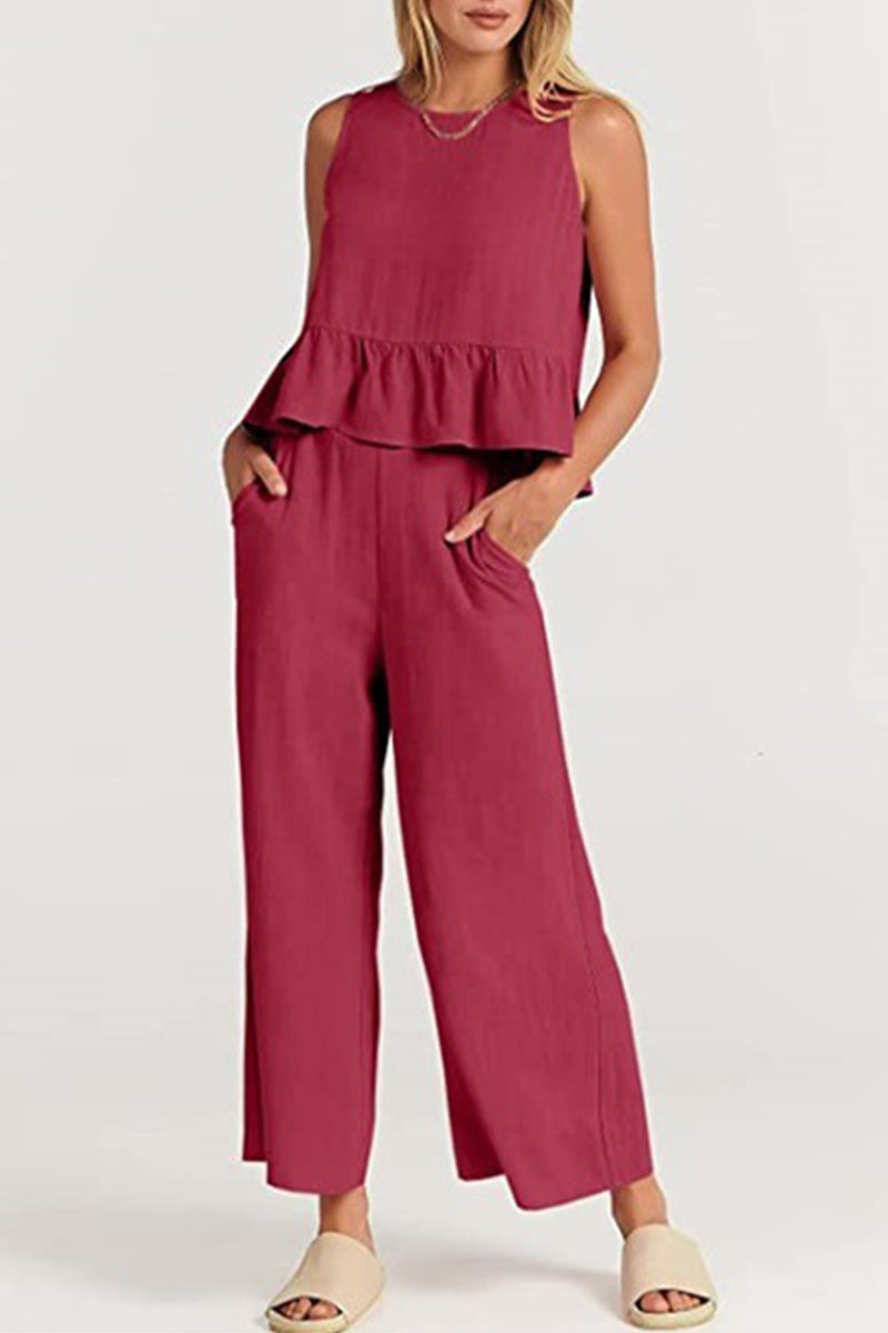 Kaynafashions - Casual Simplicity Solid Pocket Buttons O Neck Sleeveless Two Pieces