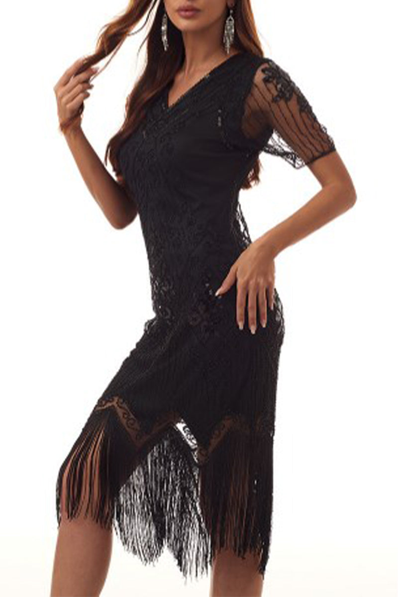 Kaynafashions - Sexy Party Patchwork Tassel Sequins V Neck A Line Dresses(4 Colors)