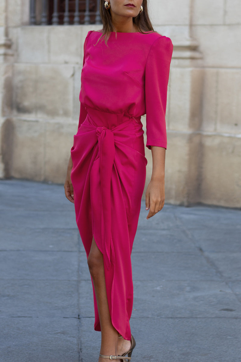 Kaynafashions - Celebrities Elegant Solid Frenulum O Neck Wrapped Skirt Dresses