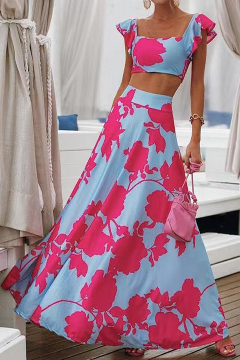 Kaynafashions - Bohemian Vacation Print Patchwork Square Collar Sleeveless Two Pieces(9 Colors)