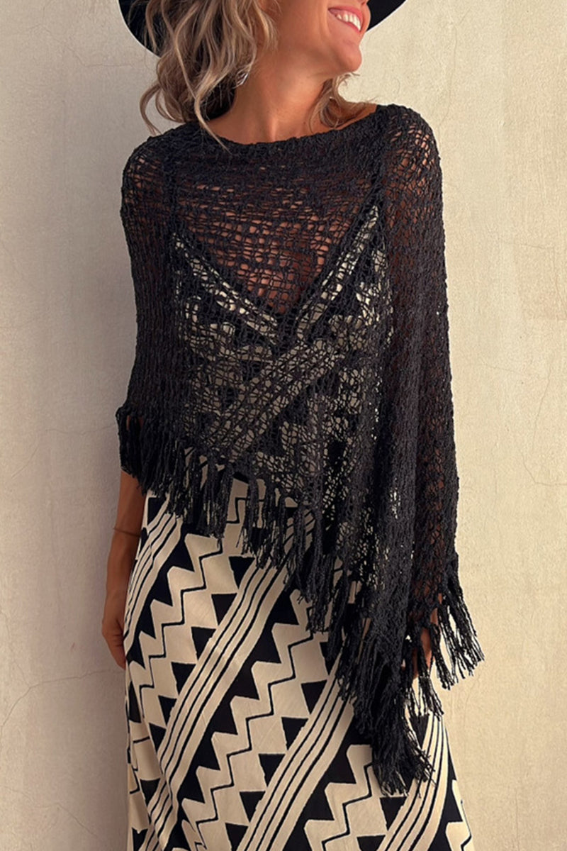 Kaynafashions - Vacation Solid Tassel Hollowed Out O Neck Outerwear