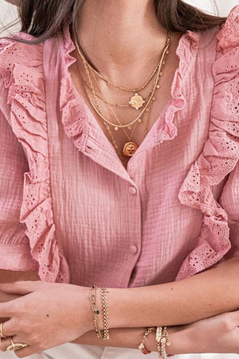 Kaynafashions - Casual Solid Lace Turndown Collar Tops