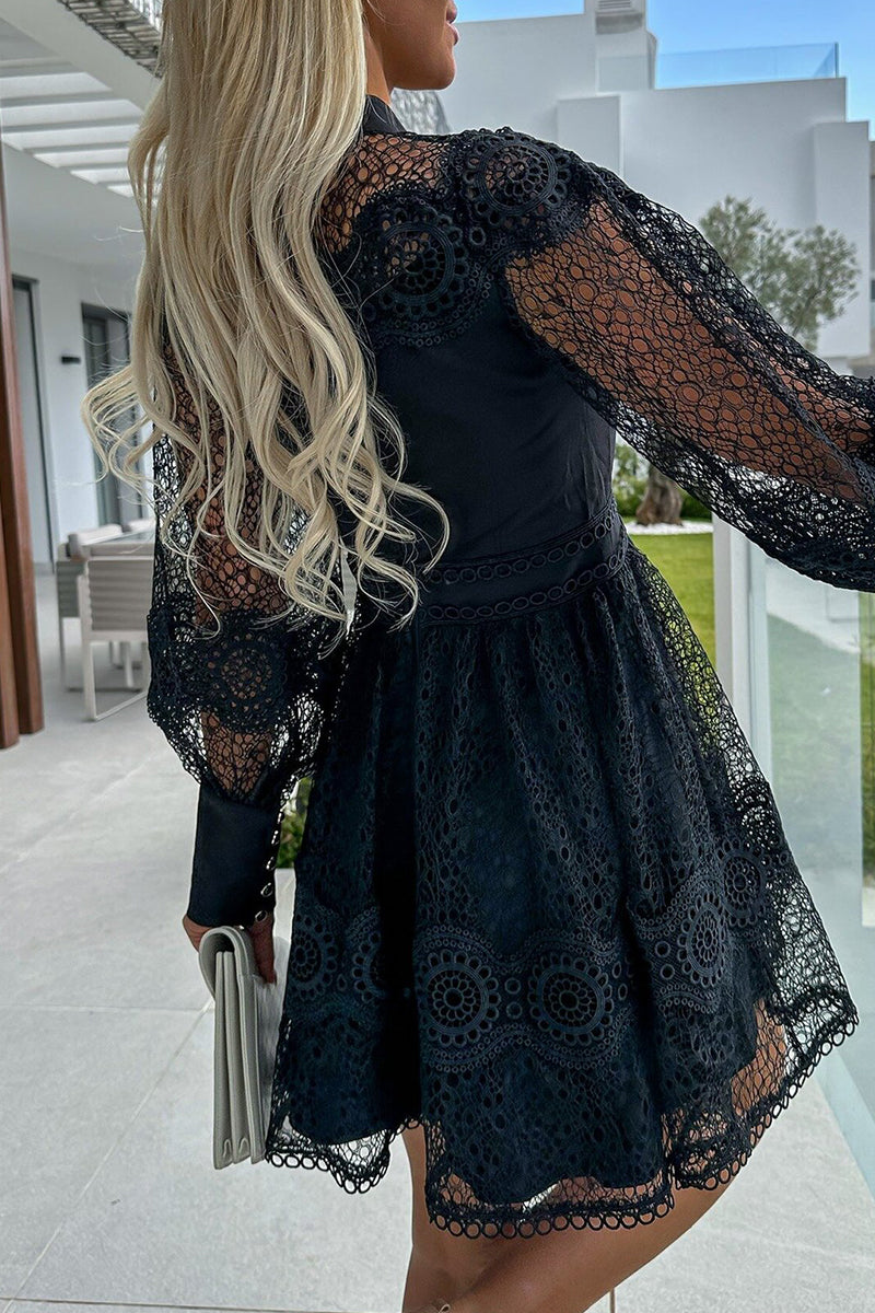 Kaynafashions - Sweet Elegant Solid Hollowed Out Half A Turtleneck A Line Dresses