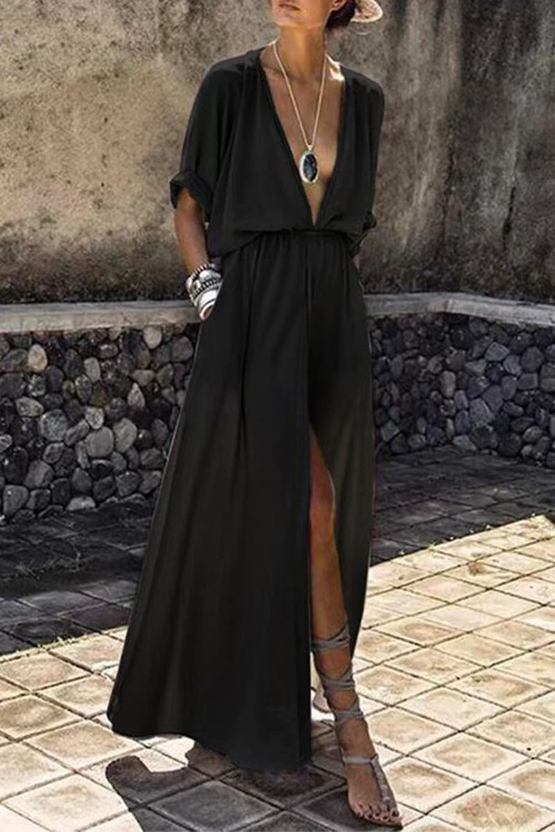 Kaynafashions - Sexy Elegant Solid Slit V Neck A Line Dresses(3 Colors)