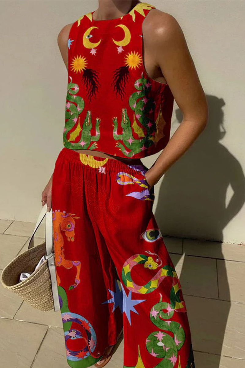 Kaynafashions - Casual Print Pocket O Neck Sleeveless Two Pieces(7 Colors)