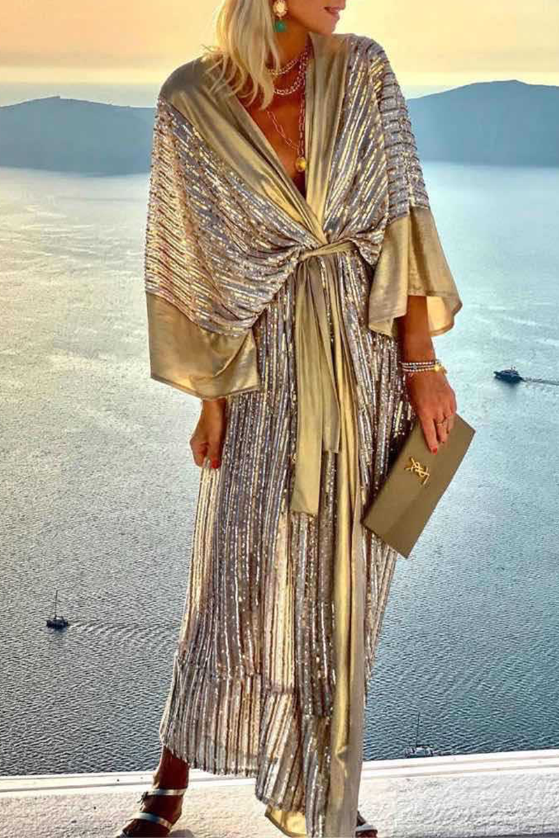 Kaynafashions - Casual Patchwork Sequins V Neck Waist Skirt Dresses(3 Colors)