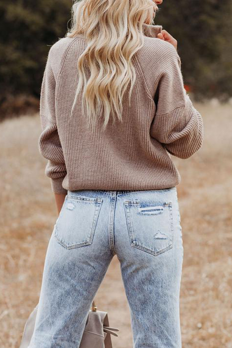 Kaynafashions - Casual Solid Patchwork Zipper Collar Sweaters(5 Colors)