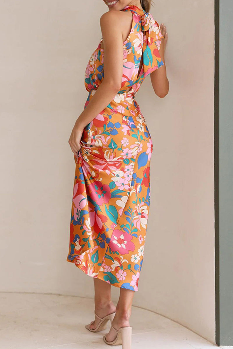 Kaynafashions - Celebrities Elegant Print Patchwork Asymmetrical Collar One Step Skirt Dresses