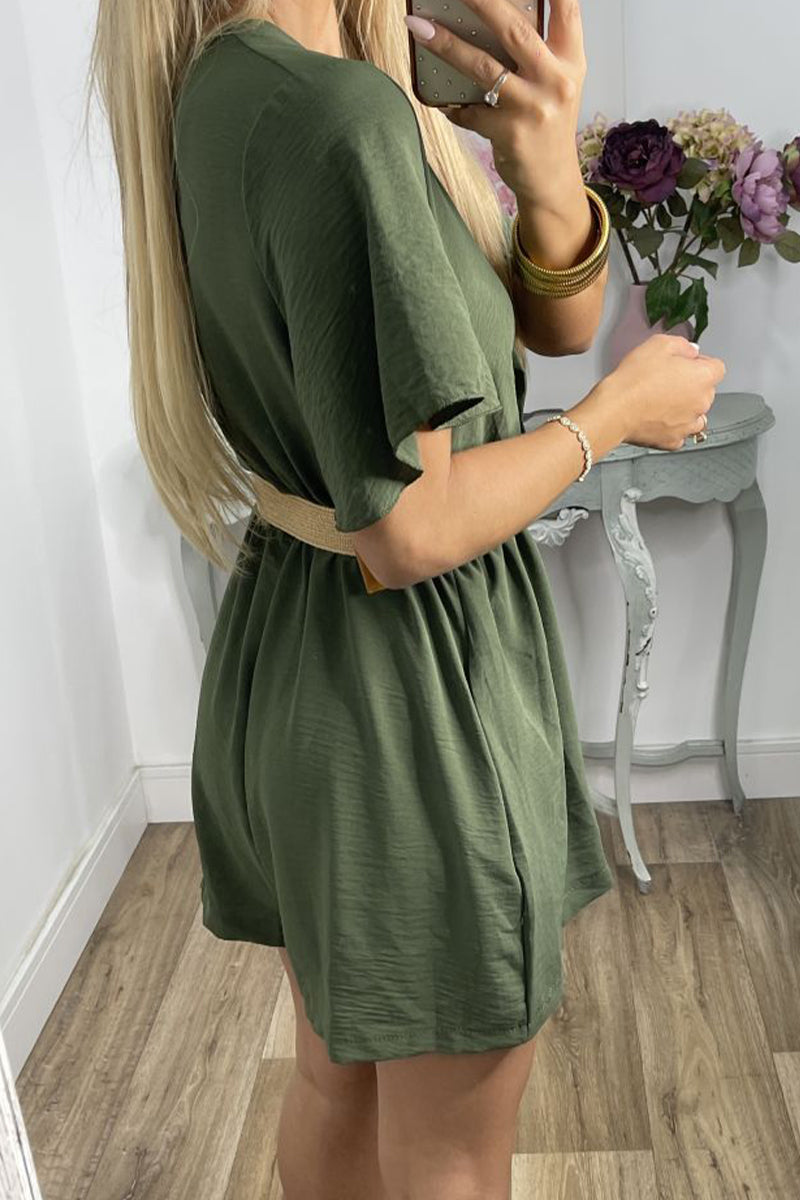 Kaynafashions - Casual Solid With Belt V Neck Loose Jumpsuits