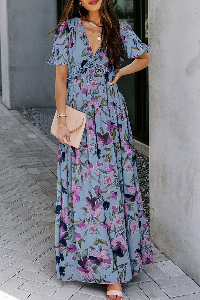 Kaynafashions - Elegant Floral Patchwork V Neck A Line Dresses(4 Colors)