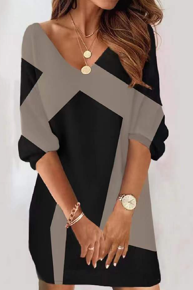 Kaynafashions - Casual Print Patchwork V Neck Straight Dresses(7 colors)