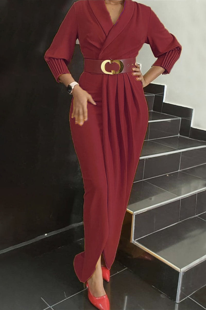 Kaynafashions - Elegant Solid Patchwork Fold With Belt V Neck Long Sleeve Plus Size Dresses