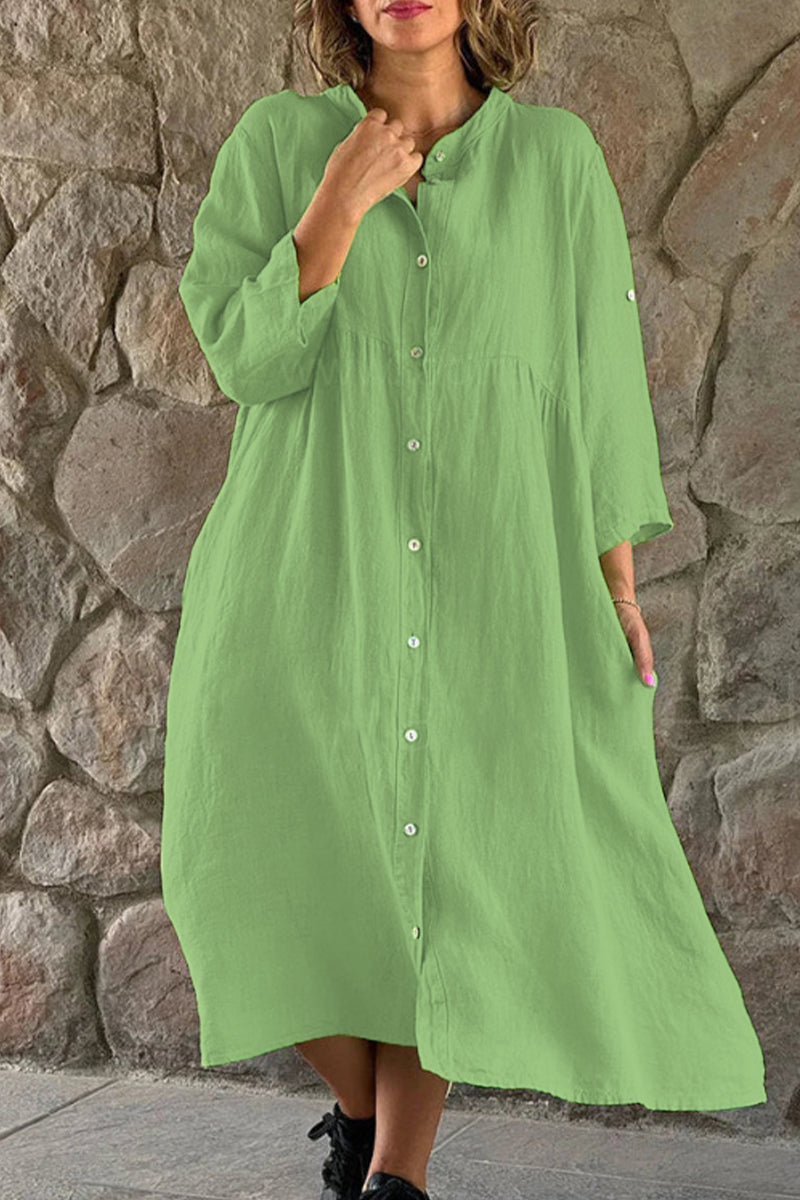 Kaynafashions - Casual Simplicity Solid Buttons Mandarin Collar Shirt Dress Dresses(5 Colors)