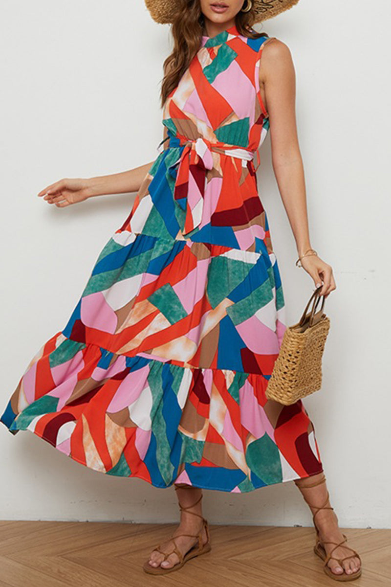 Kaynafashions - Elegant Geometric Print Patchwork Half A Turtleneck A Line Dresses