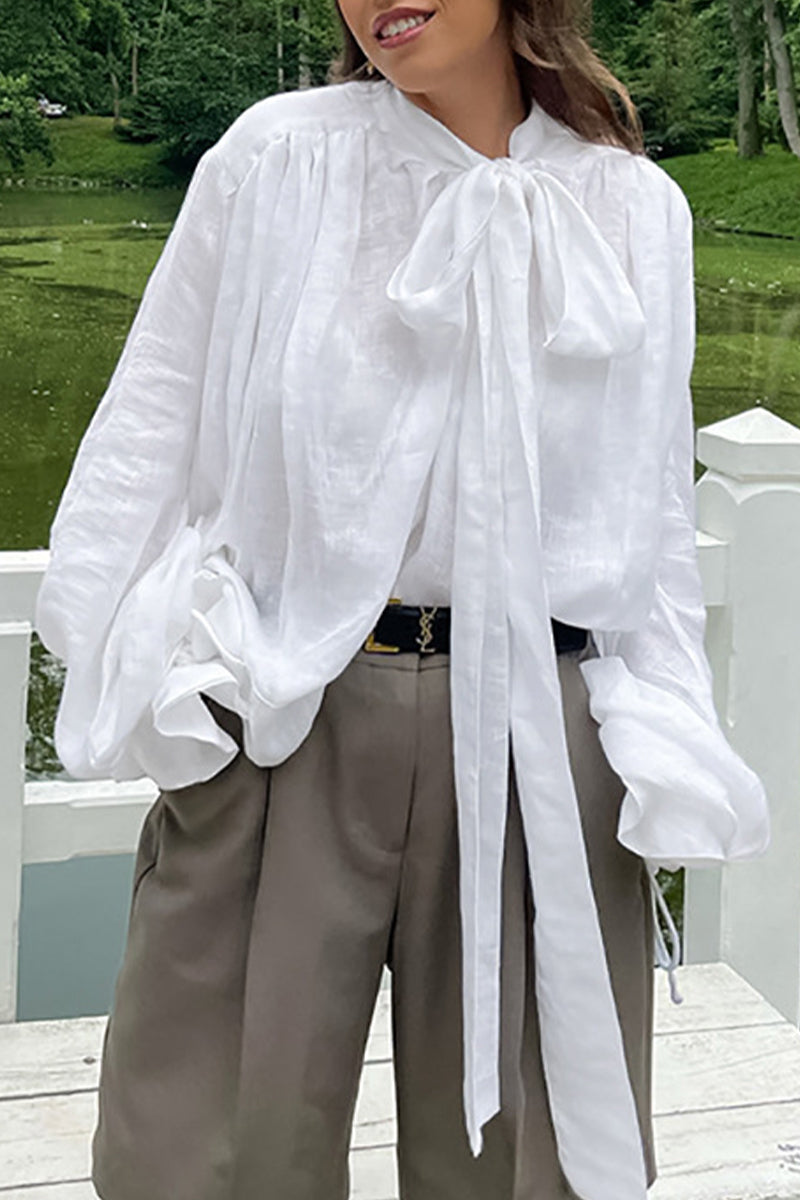 Kaynafashions - British Style Elegant Solid With Bow Ribbon Collar Tops