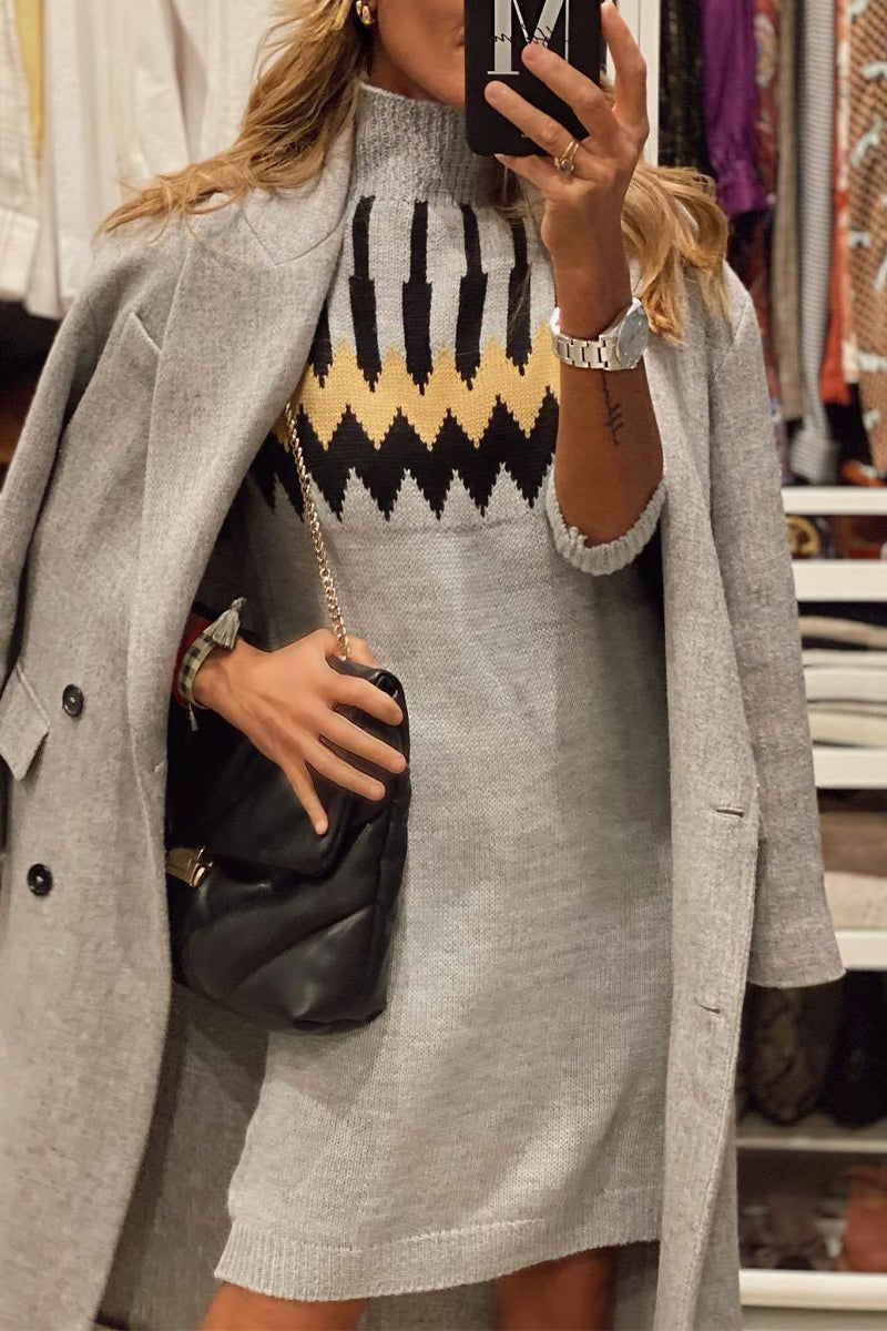 Kaynafashions - British Style Geometric Patchwork Turtleneck A Line Dresses