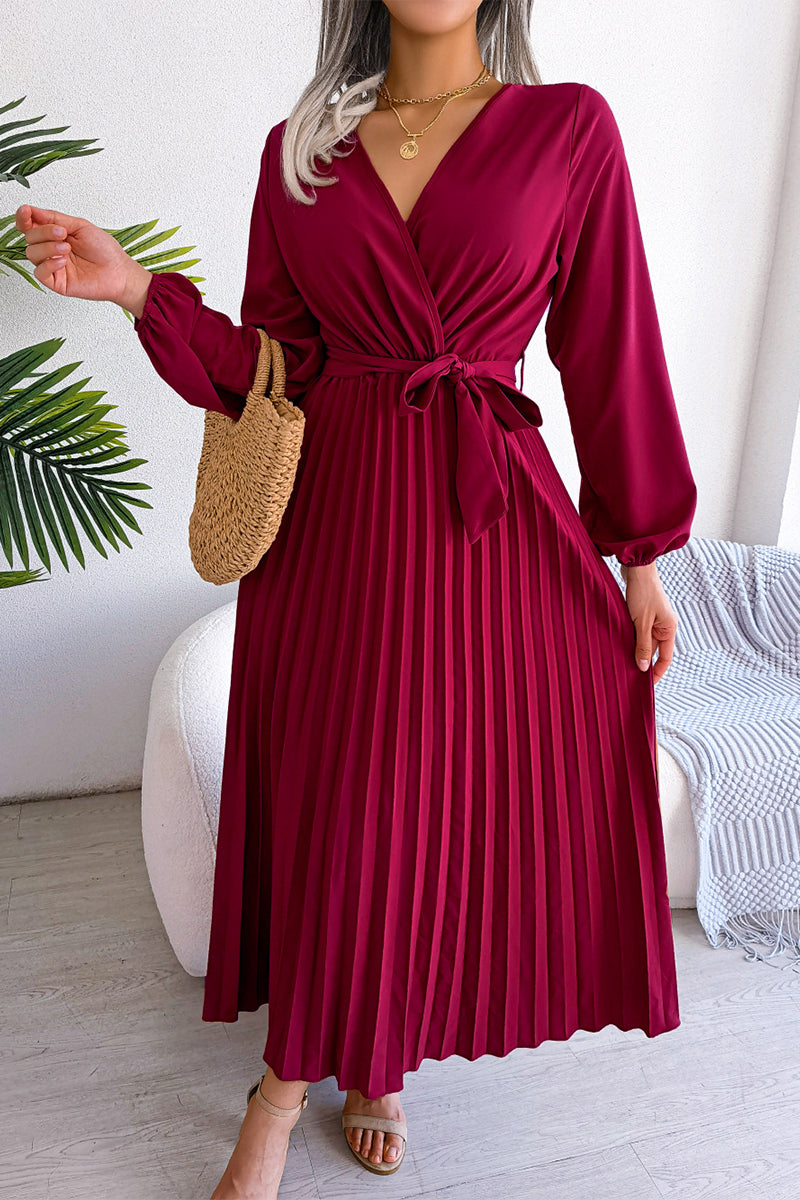 Kaynafashions - Elegant Solid Frenulum Fold V Neck Pleated Dresses(5 Colors)