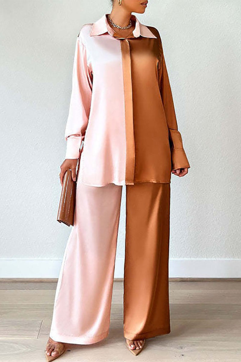 Kaynafashions - Casual Patchwork Contrast Turndown Collar Long Sleeve Two Pieces(3 Colors)