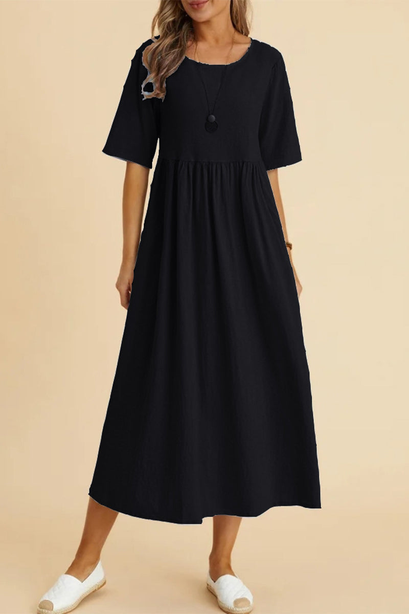 Kaynafashions - Casual Solid Fold O Neck Short Sleeve Dress