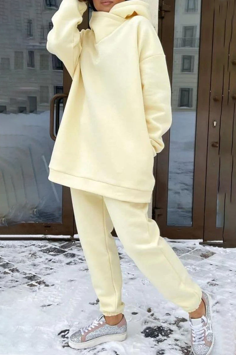 Kaynafashions - Casual Solid Pocket Hooded Collar Long Sleeve Two Pieces