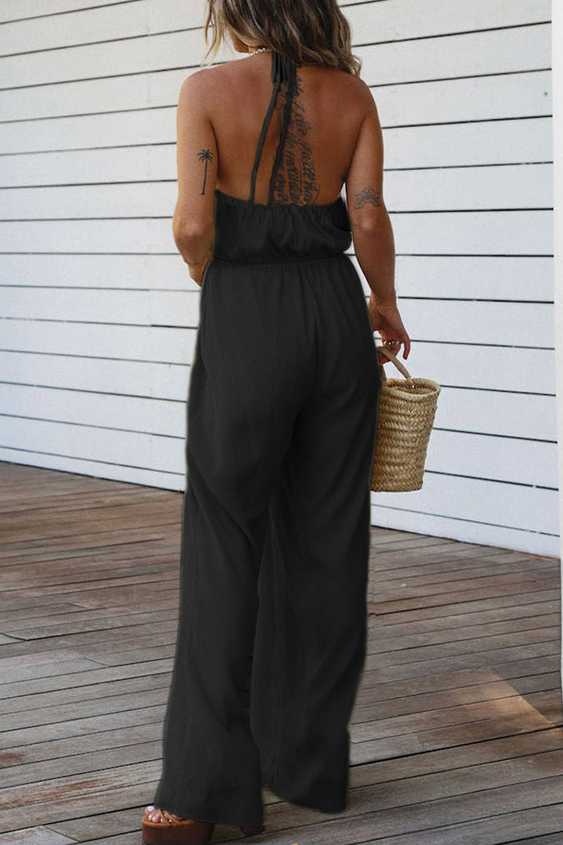 Kaynafashions - Casual Solid Backless V Neck Regular Jumpsuits(3 Colors)