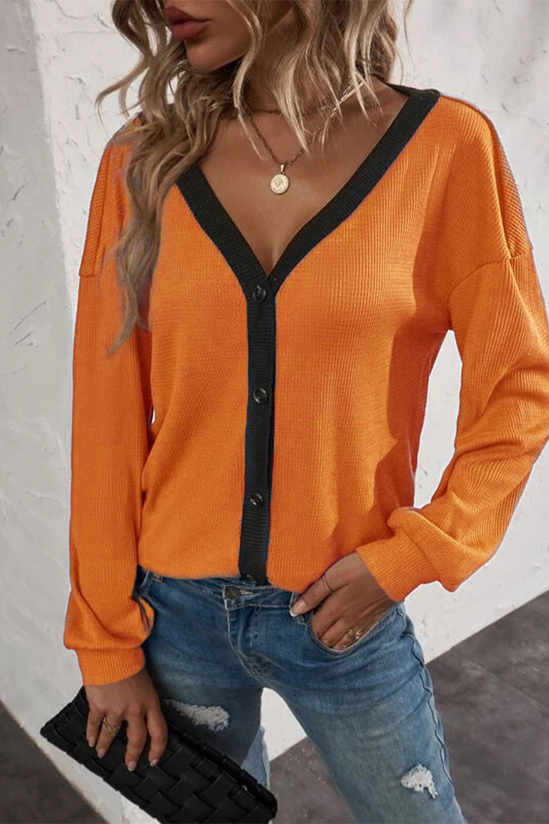 Kaynafashions - Casual Solid Patchwork Buttons V Neck T-Shirts(7 Colors)