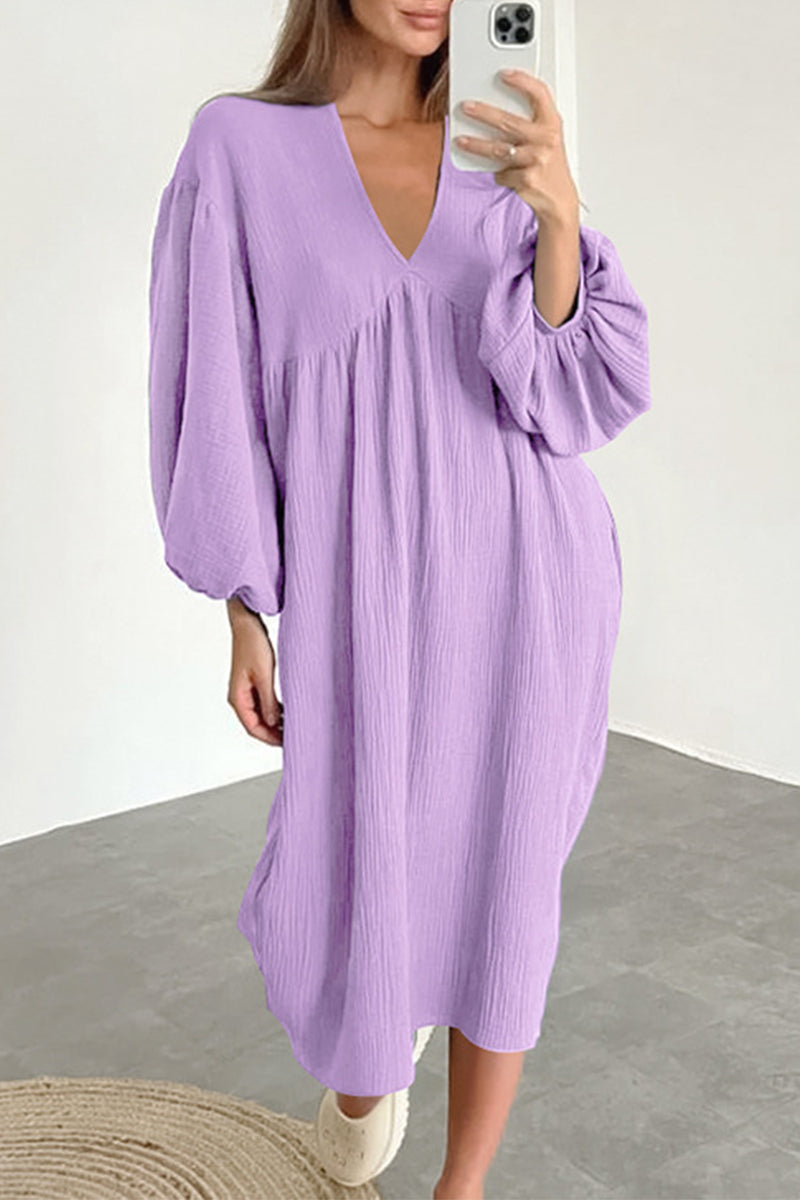 Kaynafashions - Casual Living Solid Pocket V Neck Long Sleeve Dresses