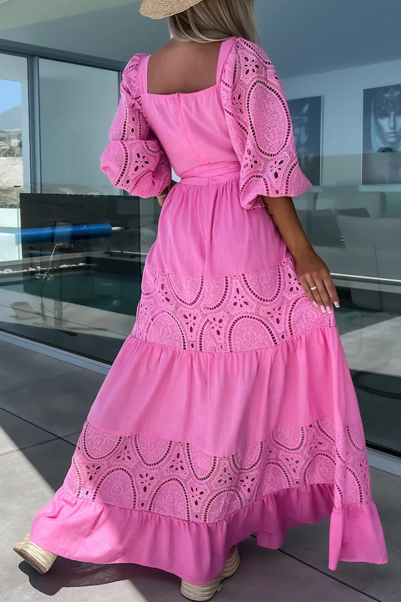 Kaynafashions - Elegant Solid Hollowed Out Frenulum Square Collar A Line Dresses