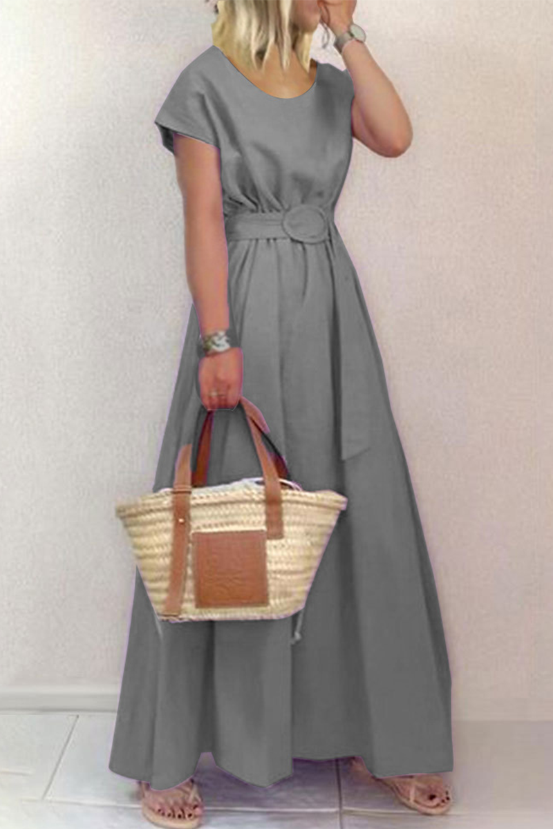 Kaynafashions - Fashion Solid Patchwork O Neck Waist Skirt Dresses(6 Colors)