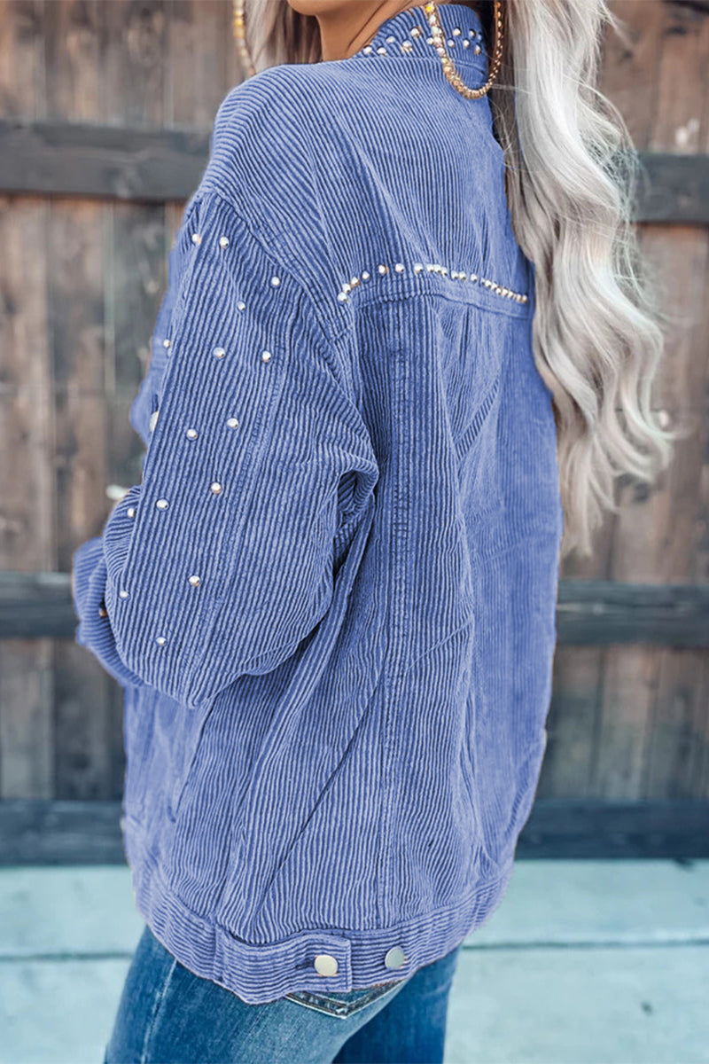 Kaynafashions - Casual Solid Rivets Turndown Collar Outerwear